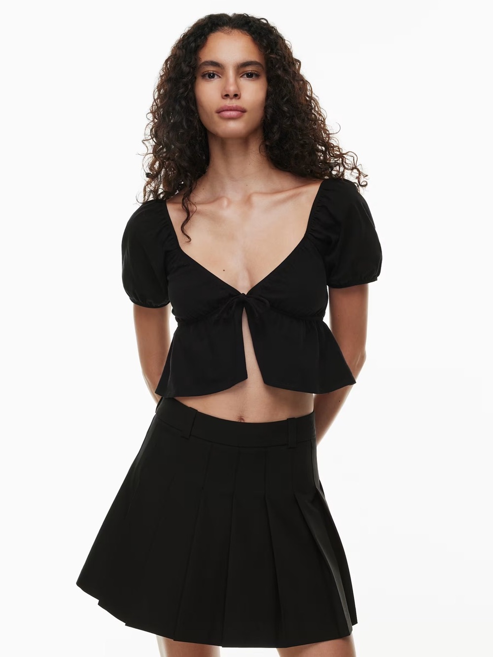 Aritzia Sunday Best Black Tie-Front Puff-Sleeve Crop Top
